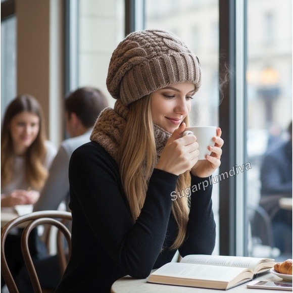 Cozy Winter 2pc Khaki Beanie Hat + Cable Knit Neck Warmer Skiing Hiking Camping - Picture 2 of 6